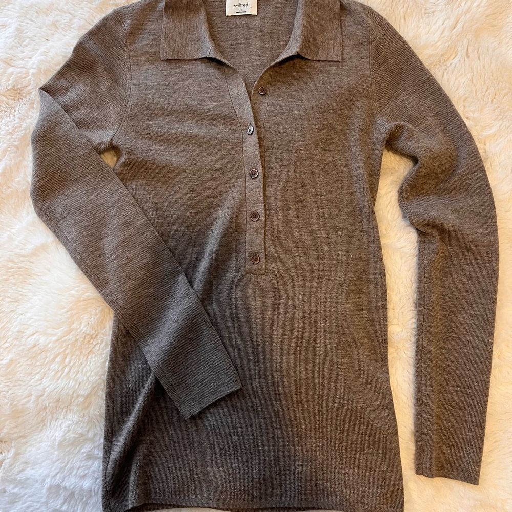 Wilfred Brown Long Sleeve Fitted Button Down Shirt with Polo Collar
